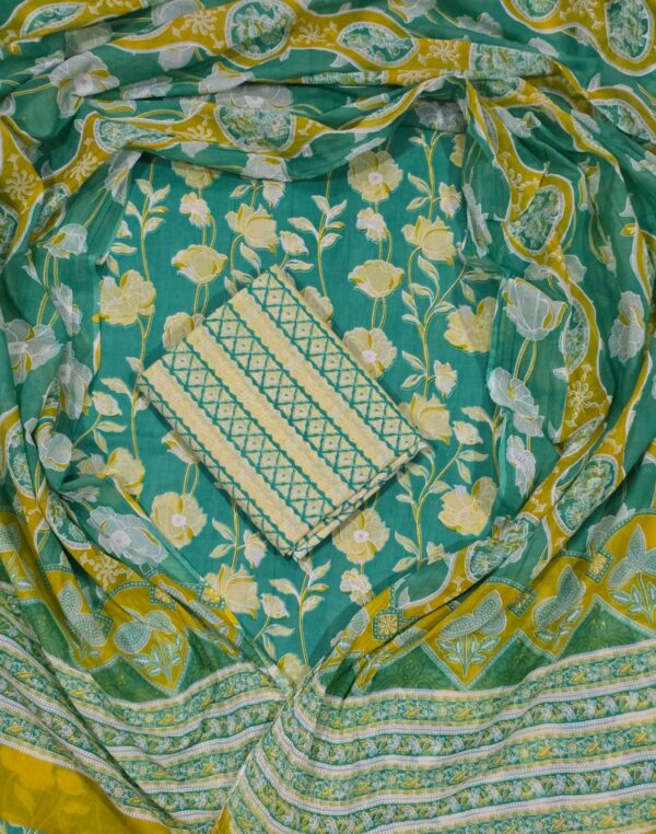 Classic Greenish Printed Cotton Suit With Cotton Dupatta